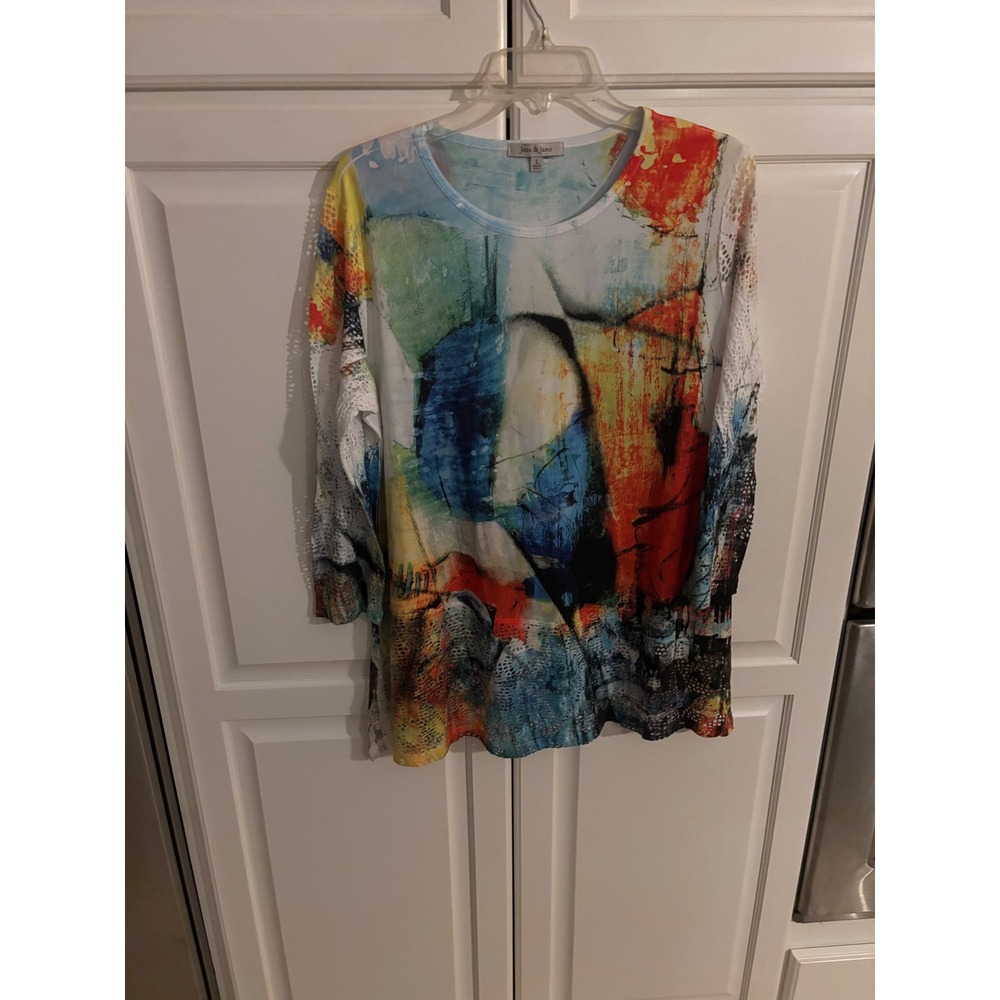 Jess & Jane Women Abstract Art Print Tunic Top Multi Color Burnout Lace USA L